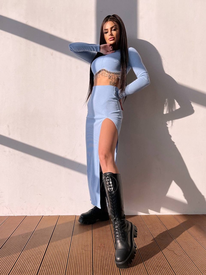 Комплект: спідниця з розрізом + топ, декорований бахромой зі страз | PUSHKA SHOP