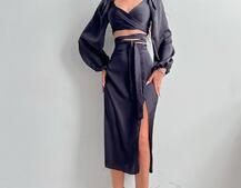 Шелковый комплект: топ с завязками на талии + юбка миди с разрезом  | PUSHKA SHOP