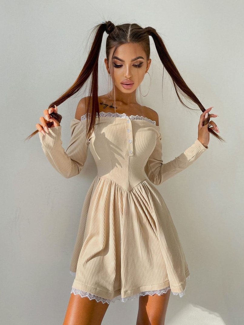 Трикотажное платье, декорированное кружевом   | PUSHKA SHOP