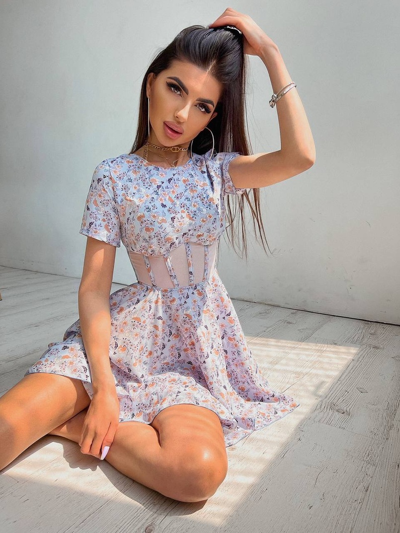 Цветочное платье мини с элементами корсета на косточках  | PUSHKA SHOP