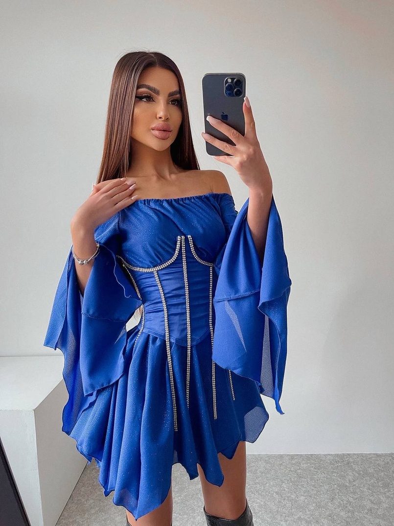 Шифонова сукня на підкладці з розкльошеними рукавами з асиметричною спідницею + корсет декорований стразами Ручна робота! | PUSHKA SHOP