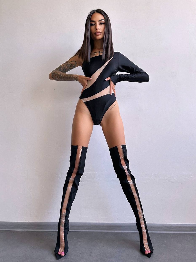 Боді на одне плече із вставками сітки | PUSHKA SHOP