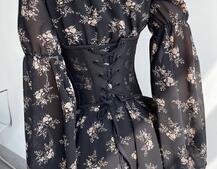 Шифонова сукня на підкладці з розкльошеними рукавами з асиметричною спідницею + корсет декорований стразами  | PUSHKA SHOP