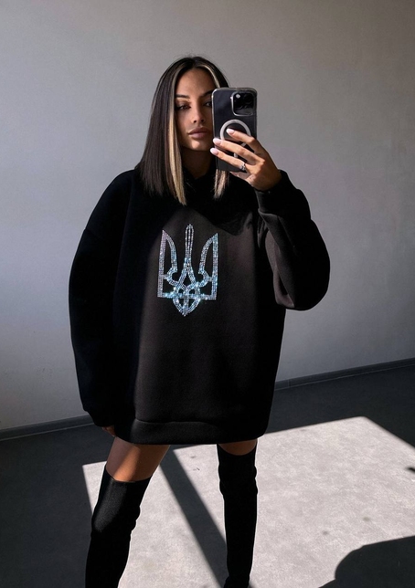 Патріотичне  худі over size із сяючими стразами | PUSHKA SHOP