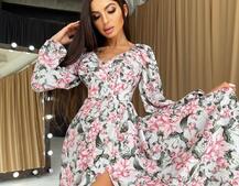 Цветочное платье-миди с разрезом  | PUSHKA SHOP