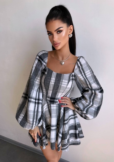 Корсетна сукня з подвійною спідницею та обʼємними рукавами у клітинку  Корсетна сукня з подвійною спідницею та обʼємними рукавами у клітинку  | PUSHKA SHOP