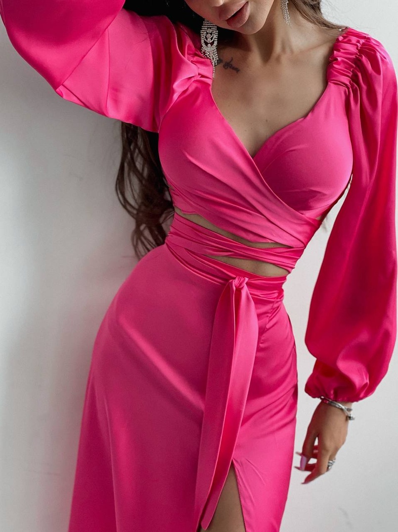 Шелковый комплект: топ с завязками на талии + юбка миди с разрезом  | PUSHKA SHOP