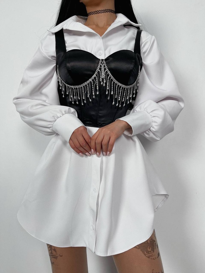 Приталена сорочка + корсет декорований бахромою зі страз Ручна робота Приталена сорочка + корсет декорований бахромою зі страз Ручна робота | PUSHKA SHOP