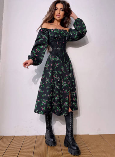 Сукня міді з розрізом в квітковий принт + прозорий корсет  | PUSHKA SHOP