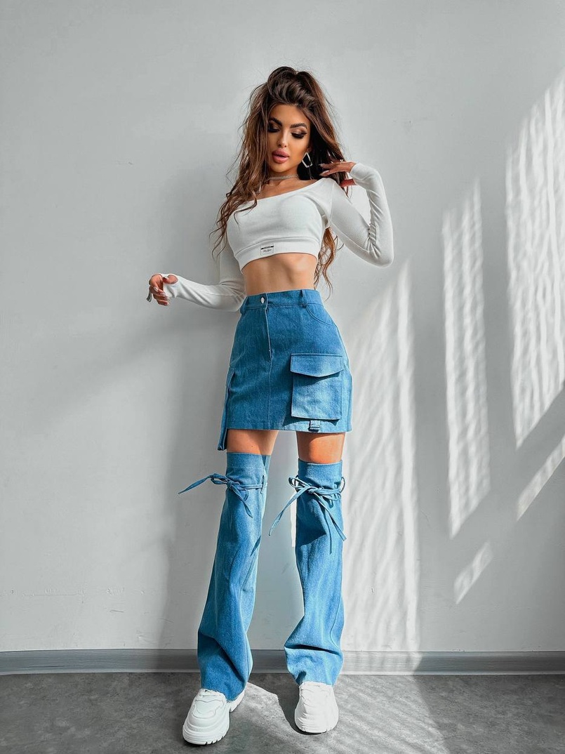 Комплект: джинсова спідниця з гетрами + топ Комплект: джинсова спідниця з гетрами + топ | PUSHKA SHOP