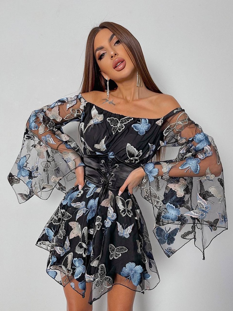 Сукня з асиметричною спідницею із сітки з вишивкою + атласний корсет на шнурівці | PUSHKA SHOP