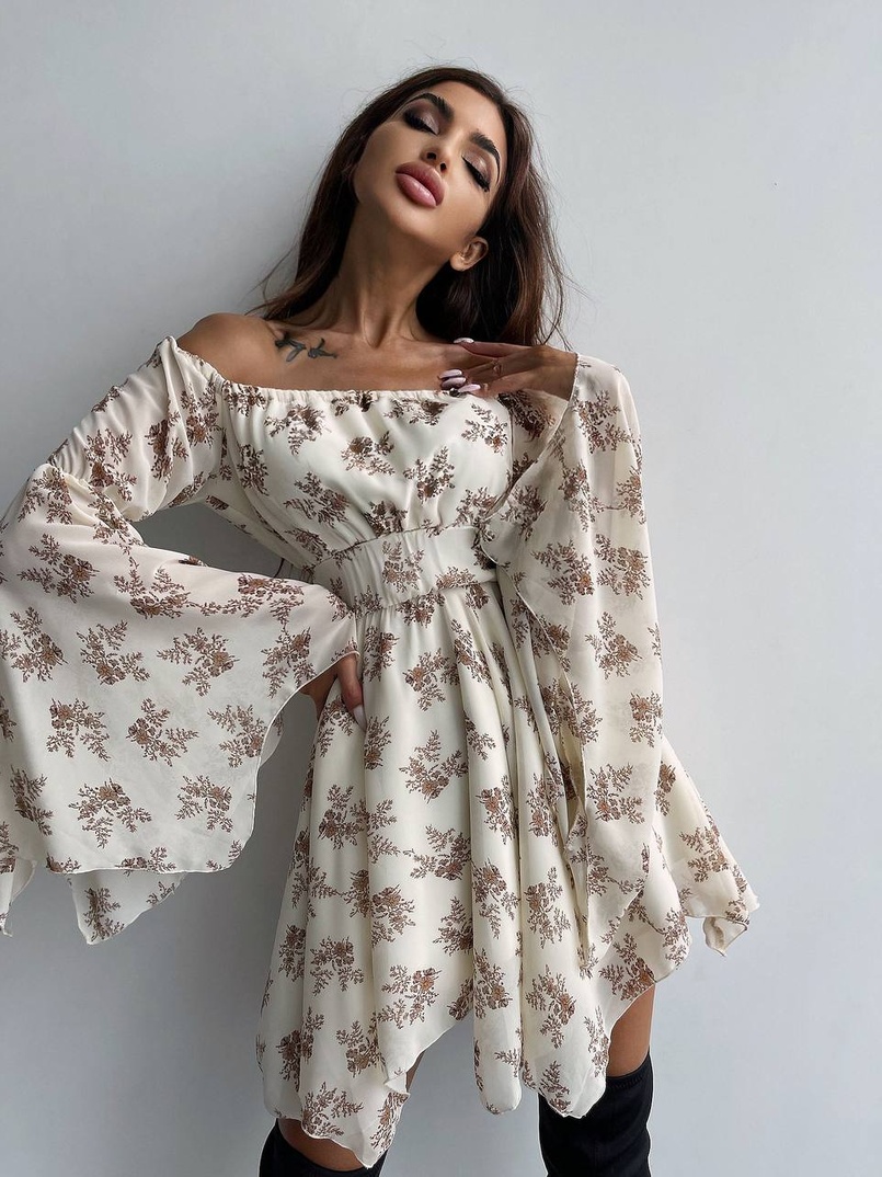 Шифонова сукня на підкладці з розкльошеними рукавами з асиметричною спідницею + корсет декорований стразами  | PUSHKA SHOP