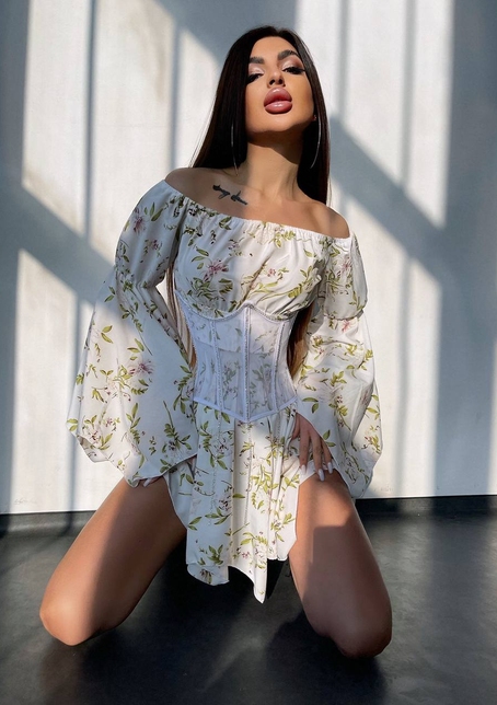 Сукня асиметричного крою з розкльошеними рукавами + корсет декорований стразами Ручна робота | PUSHKA SHOP