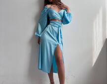 Шелковый комплект: топ с завязками на талии + юбка миди с разрезом  | PUSHKA SHOP