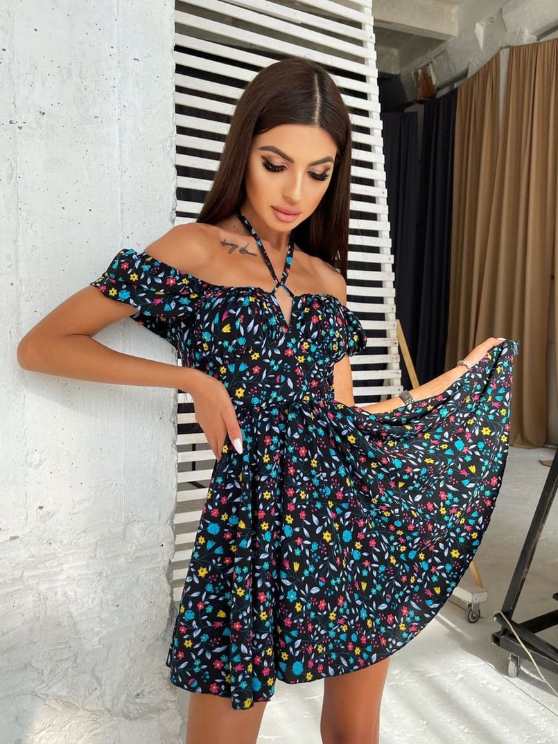 Летнее цветочное платье с завязками на груди  | PUSHKA SHOP