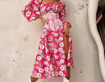 Сукня міді з розрізом в квітковий принт + прозорий корсет Сукня міді з розрізом в квітковий принт + прозорий корсет | PUSHKA SHOP