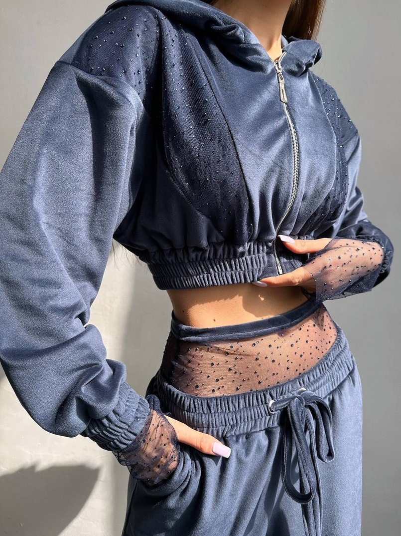 Велюровий комплект декорований стразами( бомбер+ рукавички+ штани + трусики) | PUSHKA SHOP