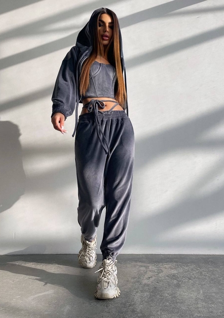 Велюровий комплект трійка: кофта + корсет з чашечками + джогери  | PUSHKA SHOP