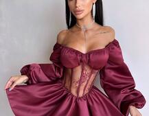 Атласна сукня з обʼємними рукавами та мереживом | PUSHKA SHOP