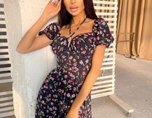 Летнее цветочное платье-миди с завязками на груди  | PUSHKA SHOP