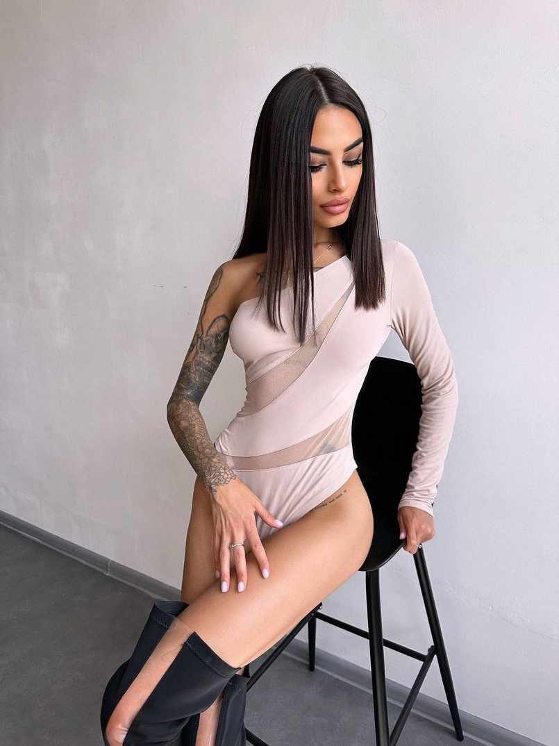 Боді на одне плече із вставками сітки | PUSHKA SHOP