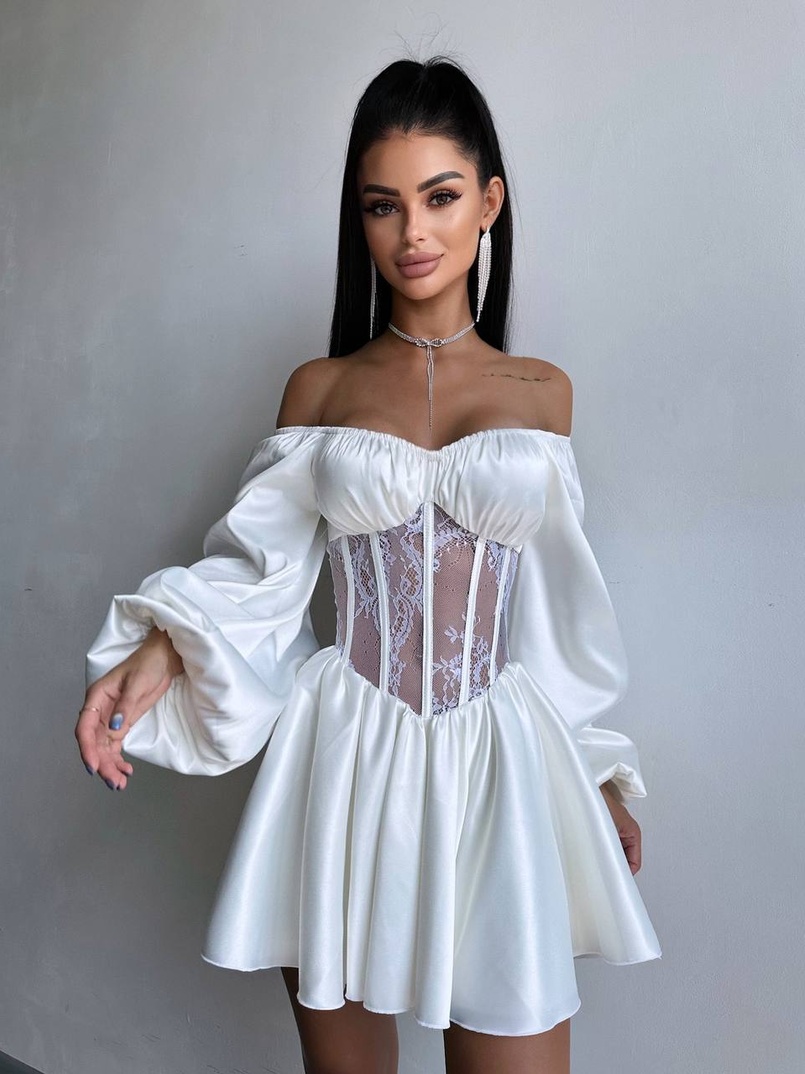 Атласна сукня з обʼємними рукавами та мереживом | PUSHKA SHOP