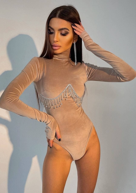 Оксамитовий боді-гольф, декорований бахромою зі страз | PUSHKA SHOP