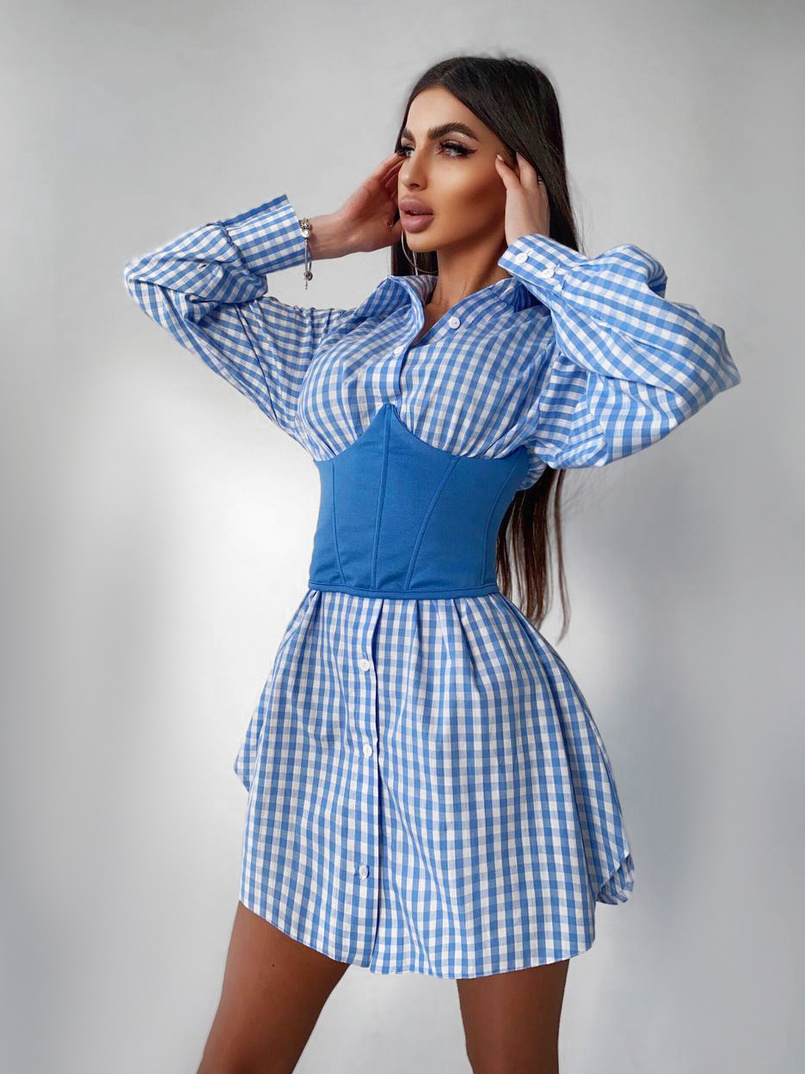 Платье-рубашка в клетку с корсетом на косточках со шнуровкой | PUSHKA SHOP