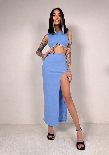 Комплект: топ з бахромою зі страз та спідниця з розрізом  | PUSHKA SHOP