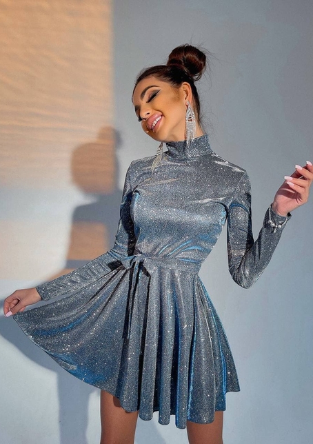 Блискуча сукня з розкльошеною спідницею та високим коміром | PUSHKA SHOP