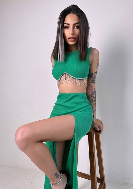 Комплект: топ з бахромою зі страз та спідниця з розрізом  | PUSHKA SHOP