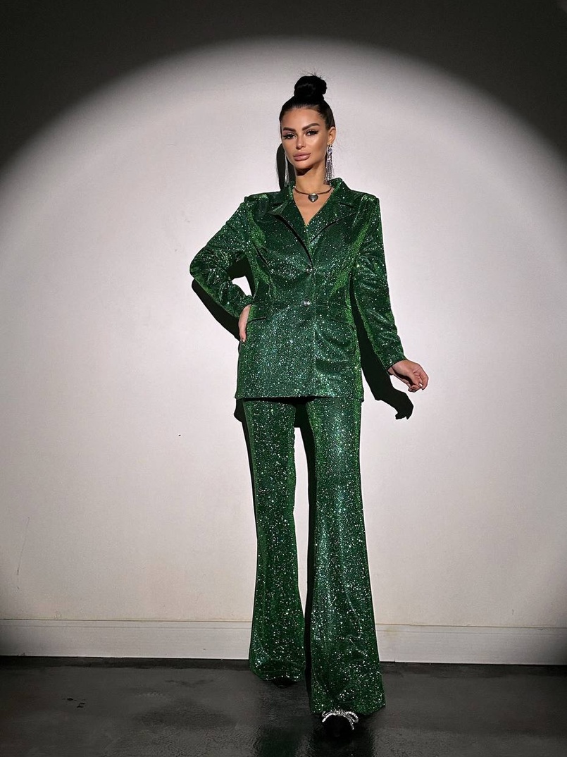 Костюм: піджак на підкладці, штани кльош+ топ з чашечками | PUSHKA SHOP