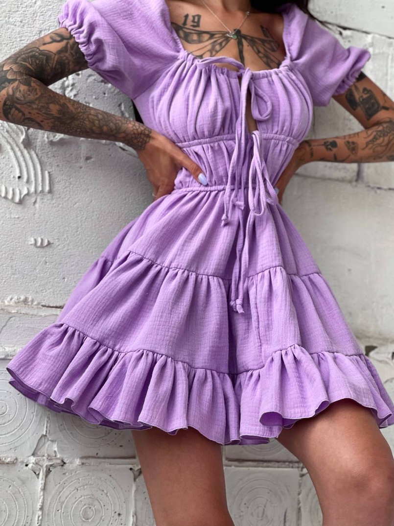 Муслиновое платье с оборками и завязками на груди Муслиновое платье с оборками и завязками на груди | PUSHKA SHOP