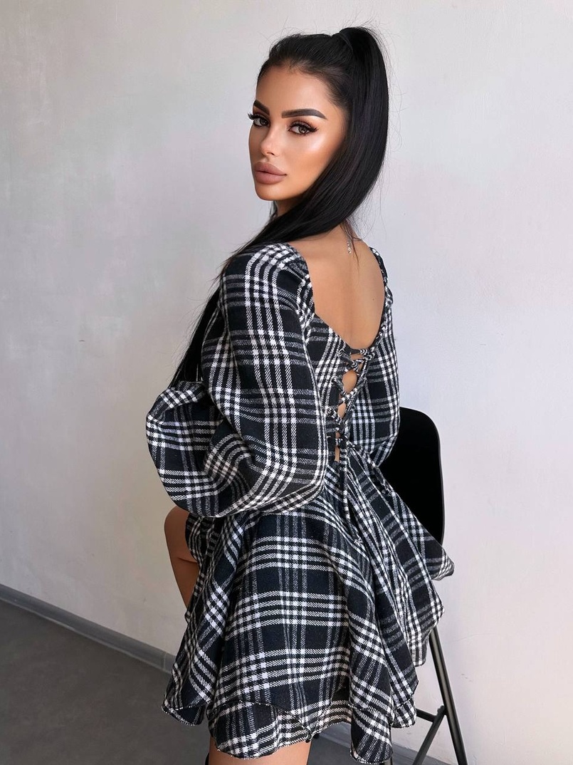 Корсетна сукня з подвійною спідницею та обʼємними рукавами у клітинку  | PUSHKA SHOP