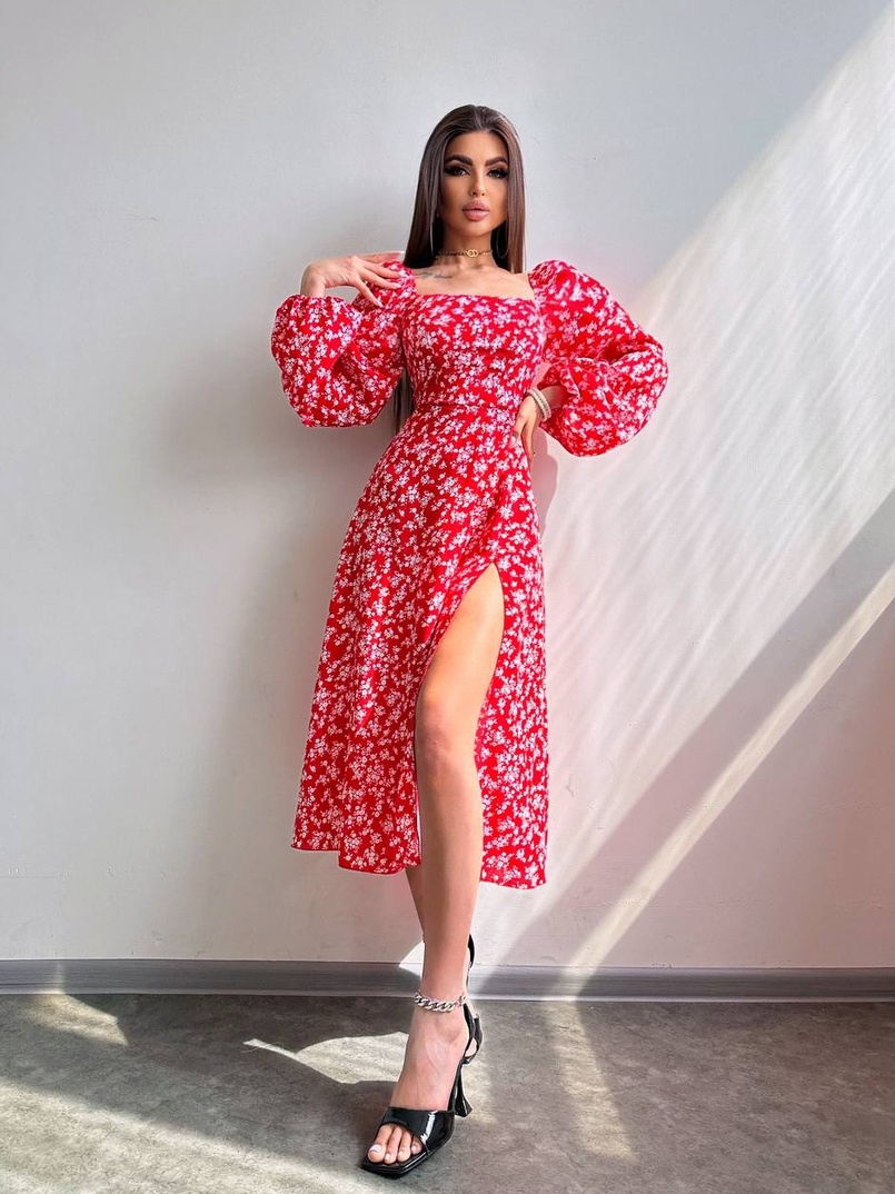 Квіткова сукня-міді зі шнурівкою на спинці та розрізом на ніжці | PUSHKA SHOP
