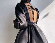 Атласна сукня з пишною подвійною спідницею та об‘ємними рукавами | PUSHKA SHOP