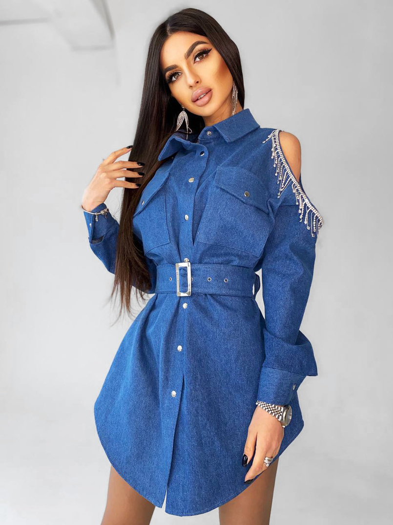 Джинсовое платье-туника с бахромой из страз | PUSHKA SHOP