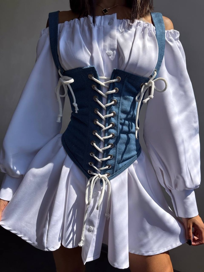 Приталена сукня-сорочка на плічках  з джинсовим корсетом на шнурівці  | PUSHKA SHOP