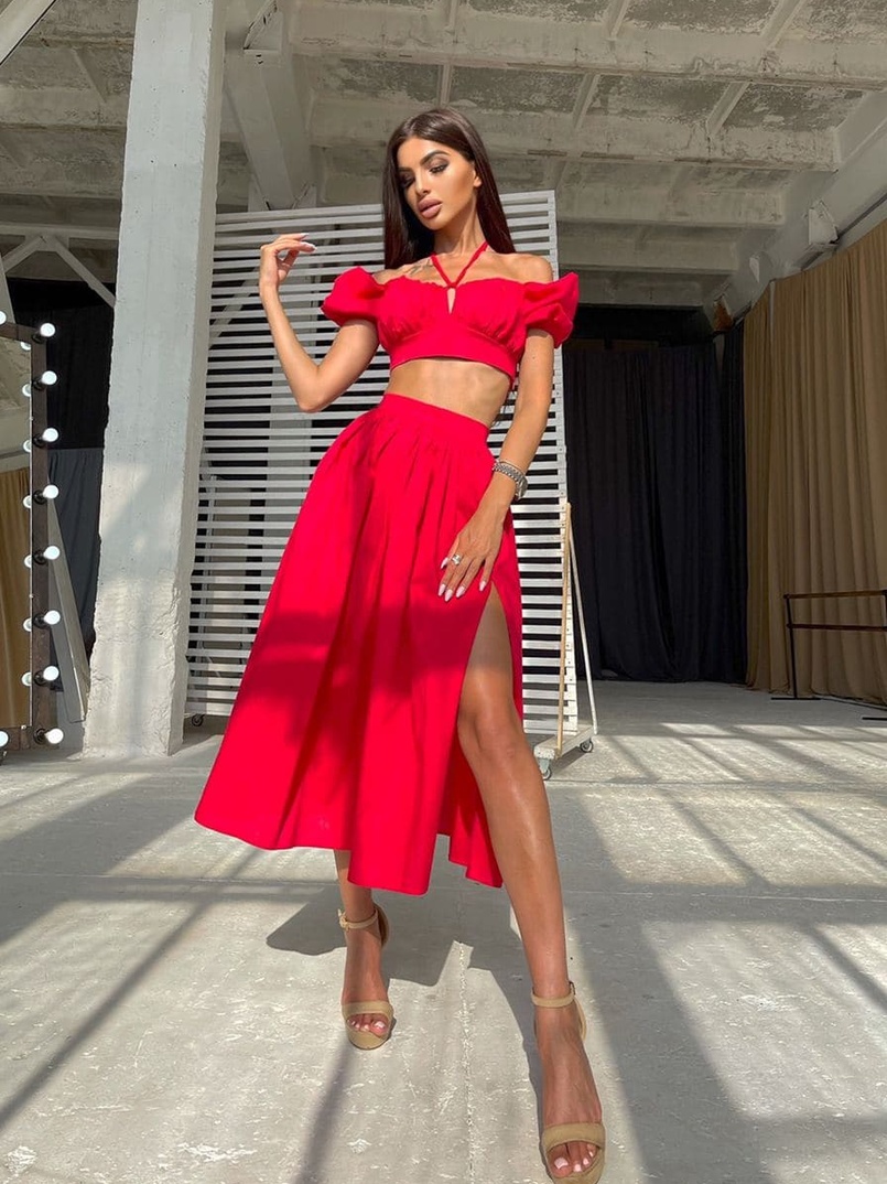 Комплект из хлопка: топ с завязками на груди + юбка-миди с разрезом  | PUSHKA SHOP