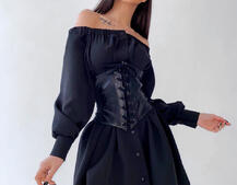 Приталенное платье-рубашка на плечиках с корсетом из эко-кожи Приталенное платье-рубашка на плечиках с корсетом из эко-кожи | PUSHKA SHOP