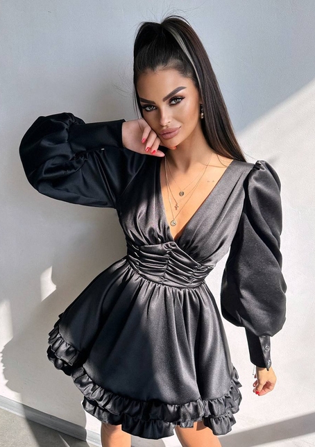 Атласна сукня з пишною подвійною спідницею та об‘ємними рукавами | PUSHKA SHOP