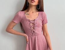 Трикотажное платье-мини со шнуровкой на груди  | PUSHKA SHOP