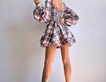 Корсетна сукня з подвійною спідницею та обʼємними рукавами у клітинку Корсетна сукня з подвійною спідницею та обʼємними рукавами у клітинку | PUSHKA SHOP