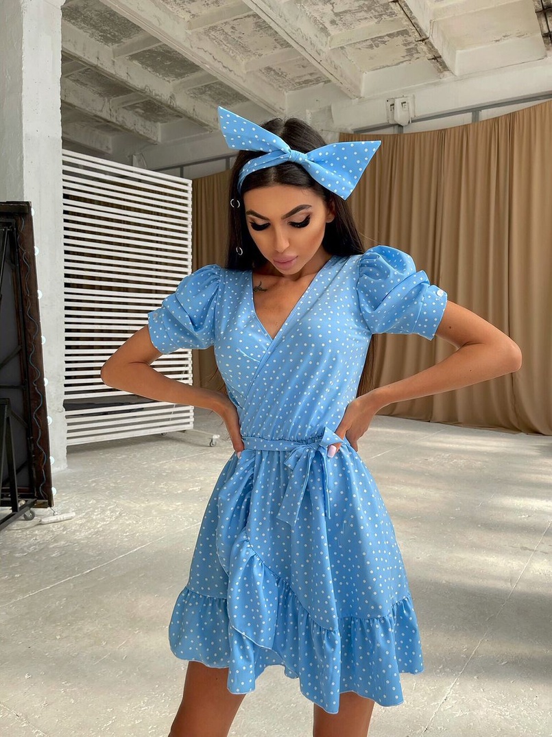 Милое платье в горошек с оборками + повязка на голову с бантом Милое платье в горошек с оборками + повязка на голову с бантом | PUSHKA SHOP