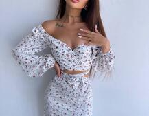 Квітковий комплект: топ із зав'язками на талії + спідниця міді з розрізом Квітковий комплект: топ із зав'язками на талії + спідниця міді з розрізом | PUSHKA SHOP