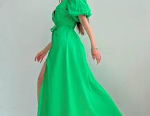 Льняное платье-миди с запахом и объемными рукавами  | PUSHKA SHOP