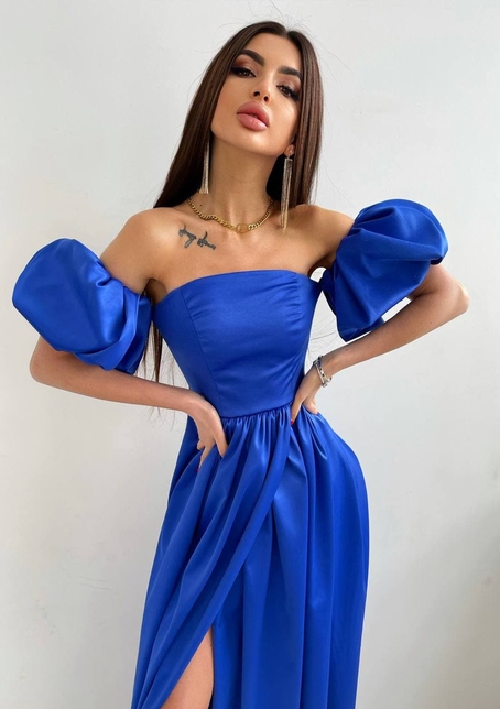 Атласное платье макси с объемными рукавами   | PUSHKA SHOP