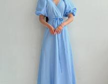 Льняное платье-миди с запахом и объемными рукавами  | PUSHKA SHOP