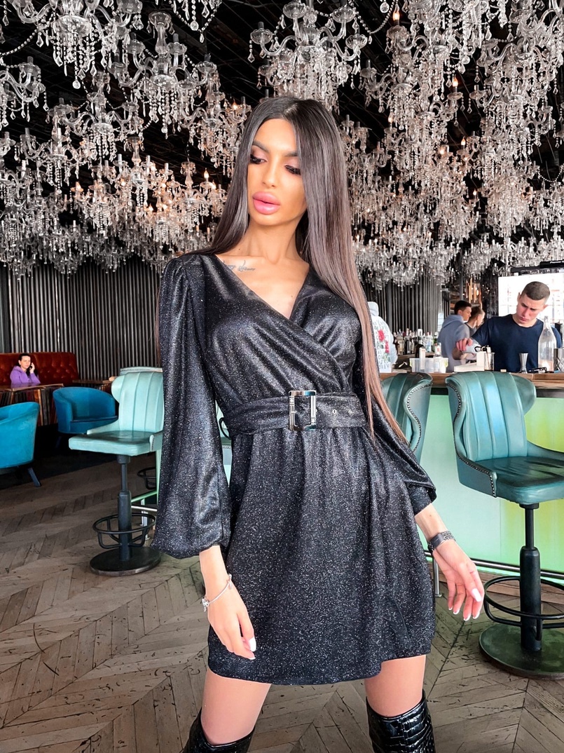 Платье-мини  с широким поясом из голографического трикотажа с люрексом  Платье-мини  с широким поясом из голографического трикотажа с люрексом  | PUSHKA SHOP