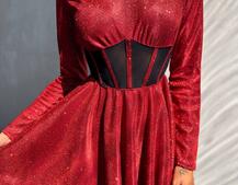 Приталена блискуча сукня з корсетною вставкою та пишною спідницею-сонцем Приталена блискуча сукня з корсетною вставкою та пишною спідницею-сонцем | PUSHKA SHOP